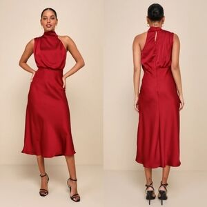 Lulus Distinctive Charm Burgundy Satin Asymmetrical Midi Dress L Wedding Party